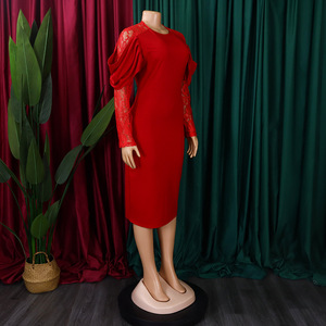 GX443D moda <span class=keywords><strong>primavera</strong></span> abiti Midi manica lunga in pizzo semplice stile Casual elegante abito da festa - Product Image 3