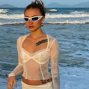 2024158 Casual See Lace Through T-shirt Women Long Sleeve Solid Color Net Women Crop Top Streetwear