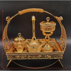2024 New Arrived Vintage Rhinestone Luxury Metal Electroplate Gold Islamic Religious Bakhoor Set Oil Aroma Incense Burner Set