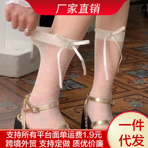 <b>Lace</b> Socks Women <b>White</b> Milky <b>White</b> Black Solid Color Transparent Rhinestone Bow Long Socks Sweat Absorbing Odor Resistant - Product Image 5