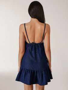 महिलाओं की विंटेज आस्तीन आकस्मिक फैशन मिनी जींस ड्रेस नए फैशन सेक्सी बैकलेस रेट्रो डेनिम ड्रेस - Product Image 2