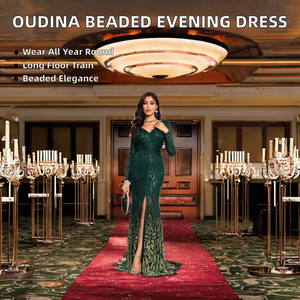 ชุดราตรีทรงเอ็มไพร์ประดับเพชรและคริสตัลคุณภาพสูงจาก OUDINA แขนยาว พร้อมชายกระโปรงยาวลากพื้น ดีไซน์หรูหราสำหรับงานปาร์ตี้ - Product Image 2
