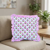 Funda de Cojín Cuadrada de Algodón Floral con Volantes, Estilo Bohemio, Diseño Estampado a Mano, Patrón Rosa y Blanco
