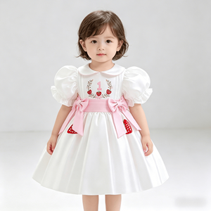 <span class=keywords><strong>Vestido</strong></span> <span class=keywords><strong>de</strong></span> Primer Cumpleaños para Bebé Niña, Bordado <span class=keywords><strong>de</strong></span> Fresas, Manga Abullonada, <span class=keywords><strong>Vestido</strong></span> Casual para Bautizo o Fiesta - Product Image 4
