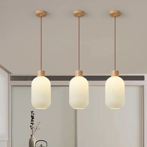 Lustre nordique cuisine îlot luminaire <span class=keywords><strong>bois</strong></span> lumière blanc verre nervuré E27 <span class=keywords><strong>Suspension</strong></span> pour chambre salle à manger - Product Image 2
