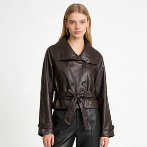 Gabardina Corta de Mujer de Piel Sintética PU - Estilo Cruzado con Cinturón a la Moda - Product Image 1