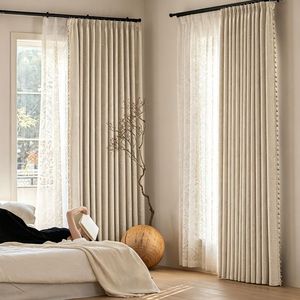 Tende Oscuranti Complete in Ciniglia Jacquard Rose Island con Bordo Pompon Crema, Drappeggi Plissettati alla Francese per Camera da Letto, Vendita all'Ingrosso al Metro - Product Image 1