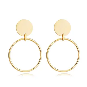 Gold stainless steel stud earrings with geometric circular connection for women jewelry in simple design