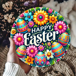 Decoraciones de Pascua en Stock: Letrero Colgante de Madera con Huevo de Conejo y Logotipo Redondo, Serie de Pascua, Letrero de Madera para Puerta - Product Image 1