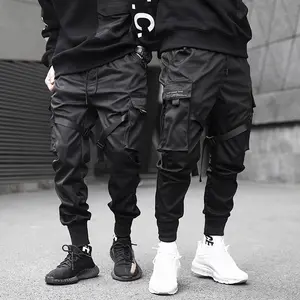 Siyah erkekler sokak kargo pantolon Harajuku Harem pantolon moda Hop elastik ayak Joggers konfor pantolon