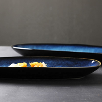 Plato Ovalado de Cerámica para Sushi con Esmalte Reactivo Azul, Plato para Servir, Vajilla, Plato para Aperitivos Japonés de 12 y 14 Pulgadas, para Hotel y Restaurante