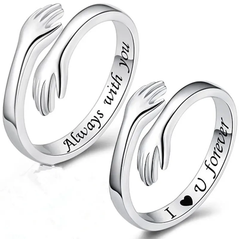 Hug Rings for Women Silver Hugging Hands Open Promise Ring Jewelry Hug Hands Couples Wedding Bands