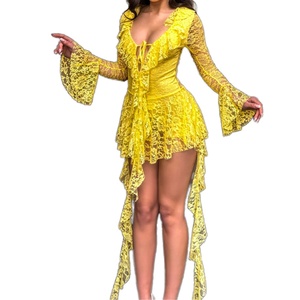 Vestidos de Noche Cortos de Manga Larga con Encaje Bordado para Mujer, Tela Transpirable, Cintura Natural, Estampado - Product Image 1