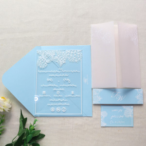 Invitation de <span class=keywords><strong>mariage</strong></span> <span class=keywords><strong>arabe</strong></span> acrylique bleu blanc sérigraphie carte de <span class=keywords><strong>mariage</strong></span> de <span class=keywords><strong>mariage</strong></span> musulman avec bande - Product Image 1