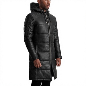 <b>Men's</b> Genuine <b>Leather</b> Eco-Friendly Breathable Waterproof Anti-Wrinkle Mandarin Collar Double Breasted <b>Long</b> Winter Overcoat - Product Image 4