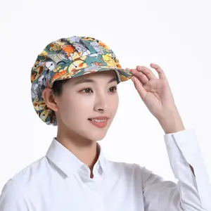 Topi katun Scrub topi perawat topi Bouffant dapat disesuaikan dengan tombol dan pita keringat topi kerja untuk wanita pria penutup kepala