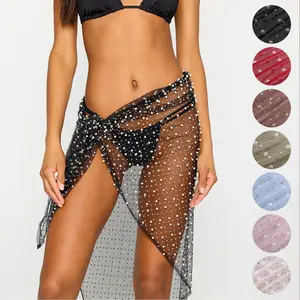 Xuanlang 6 renkler Mesh Sheer havuz partisi elbiseler inci dekorasyon bayanlar uzun Sarong kadın Bikini kapak-ups etek See Through