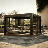 Pergola bioclimatique de luxe en aluminium avec projecteurs LED, gazebo moderne à lames motorisées pour une vie de plein air haut de gamme dans la cour.