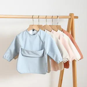 Индивидуальная фирменная мягкая однотонная нагрудная одежда с карманами для кормления, водонепроницаемая нагрудник для детей, нагрудник с длинным рукавом для малышей