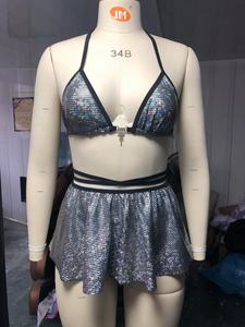 2023 Neuankömmling Damen New Metallic Badeanzug Mädchen Shiny Tong Tummy Control <span class=keywords><strong>Bikini</strong></span> Silber Pailletten Bade bekleidung 3PCS Anzug - Product Image 3