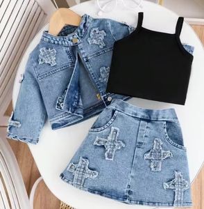 New Fashion 3Pcs Mädchen Kleidung Set Langarm Denim Jacken mantel mit kurzen Rock Outfits - Product Image 1