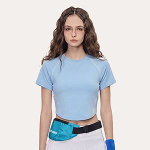 T-shirt de sport court pour femme 210g, style tendance, avec coutures contrastées, 72% Coton 28% Polyester, toucher frais, séchage rapide, pour yoga et activités de plein air - Product Image 4