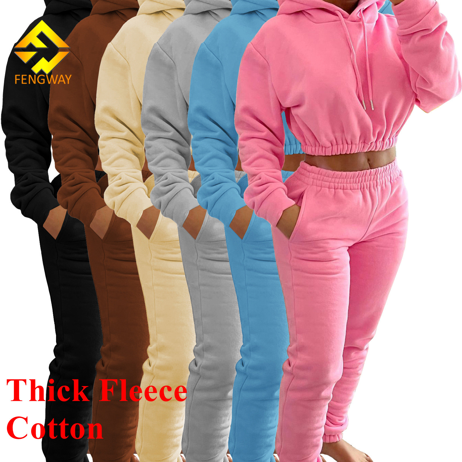 Женская зимняя одежда 2021, Модный укороченный джоггеры, толстые флисовые брюки из двух предметов, спортивные брюки и толстовка, комплект
