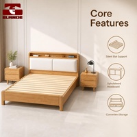 Cadre de lit double moderne en bois avec tête de lit rembourrée et rangement, et lattes en pin silencieuses pour chambre à coucher
