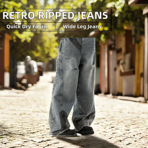 11Kn Jeans de mezclilla estilo americano retro con grafiti y rotos, lavados, casuales, unisex, de pierna ancha, efecto adelgazante, apilados, rectos, de tiro medio, a la moda - Product Image 2