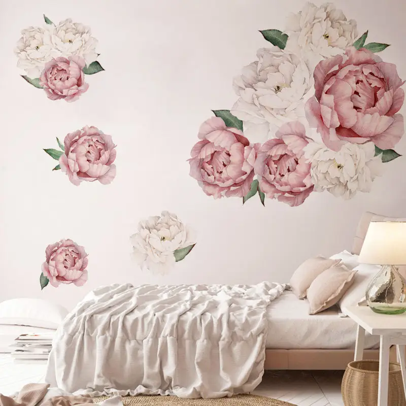 High Quality Custom Design Wedding Flower Wall Sticker Floral Peonies Wall Decal Pink White Floral Home Decorative Wall Decals