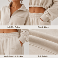 Conjunto de Dos Piezas con Logotipo Personalizado para Mujer, Sudadera Corta con Cierre de Cremallera de Algodón Color Marfil y Pantalones Deportivos de Pierna Ancha