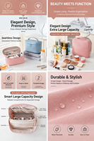 Sac de maquillage en PU grande capacité avec double fermeture éclair, sac de toilette de voyage avec sangle de bagage intégrée et support en PP