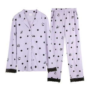 PJ-1465 Women's 100% Cotton Pajamas Purple Panda Print <b>Open</b> Front Casual Sleepwear For Home Wear Thin Woven Fabric Two Piece Set - Product Image 5