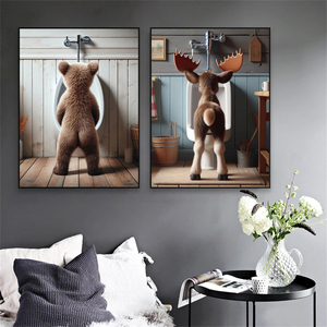 Póster de Arte de pared de baño de alce y oso, impresiones de dibujos animados de inodoro de Vida Silvestre divertida, pintura en lienzo de animales, decoración de baño de dormitorio - Product Image 4