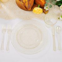 Ensemble de vaisselle jetable en plastique avec paillettes dorées, 150 pièces, comprenant 50 assiettes à dîner/dessert, 75 couverts et 25 gobelets pour fête