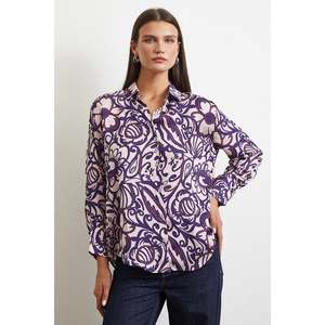 Chemise en satin à fleurs mangue pour femme, violette, boutonnée, décontractée, à porter au quotidien - Product Image 5