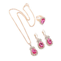 Nouvel ensemble de bijoux de mariée trois pièces, design transfrontalier sophistiqué et élégant, rose-rouge et bleu lac, orné de strass pour mariage
