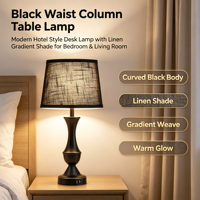 Lampu Meja Vintage dengan Dua Port Pengisian Daya USB, Kap Lampu Kain Bertekstur Hitam untuk Lampu Meja Samping Tempat Tidur Kamar Tidur Hotel