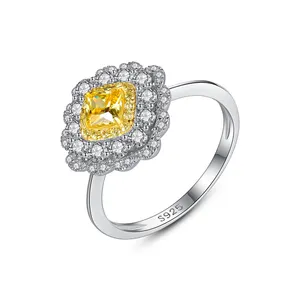 CZCITY Silver Gemstone Engagement Sterling Woman 925 Micro Unique Pave Crystal Gem Yellow Diamond Ring