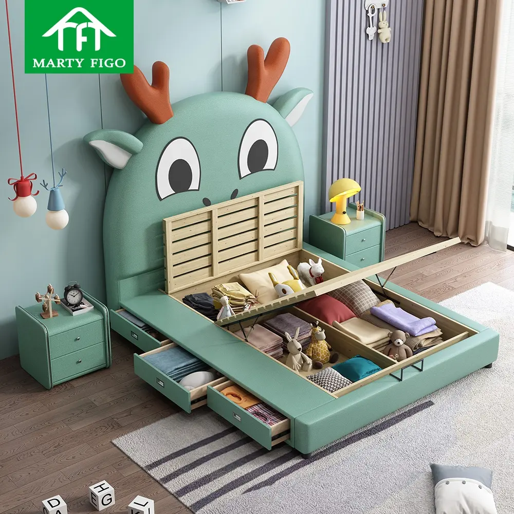 Chinese Zodiac design storage hydraulic sleep bed frame platform modern soft fabric boy girl children wooden upholstered kid bed