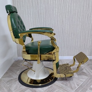 Fauteuil de barbier en cuir touffeté vert foncé, robuste, pour salon de coiffure, avec cadre métallique inclinable et réglable, repose-pieds - Product Image 2