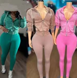 Ensemble de sport et yoga pour <span class=keywords><strong>femme</strong></span> : sweat à capuche zippé en velours délavé et <span class=keywords><strong>pantalon</strong></span> de <span class=keywords><strong>jogging</strong></span> deux pièces - Product Image 2