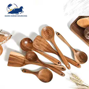 Wholesale 7 Pcs Eco Friendly Natural Teak Wood Kitchen Cooking Utensils Wooden Spoons Set