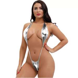 2026 Lingerie de strip-teaseuse pour femmes, style boîte de nuit, une pièce ou bikini string, plaqué or brillant, à nouer autour du cou, sous-vêtements sexy - Product Image 4