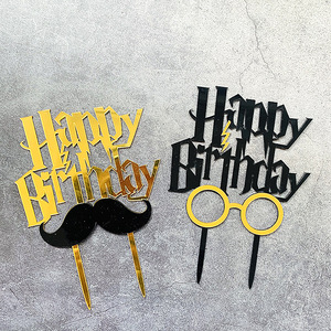 ที่ประดับเค้กอะคริลิค รูปหนวดและแว่นตา สีทองดำ สไตล์น้ำผึ้งและความหวาน สุขสันต์วันเกิด อุปกรณ์ตกแต่งเค้ก - Product Image 1