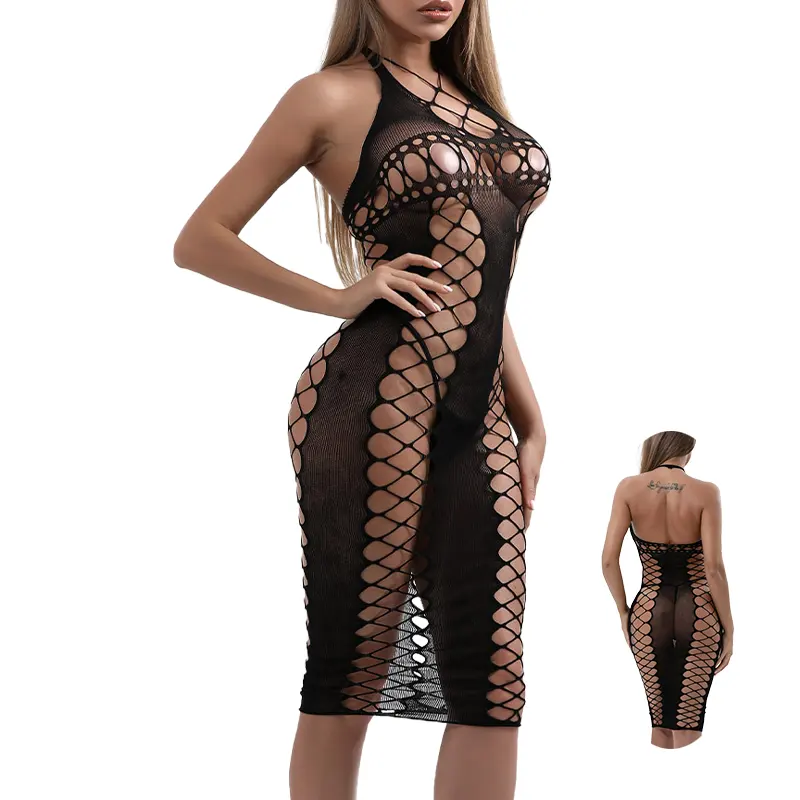 New Arrival High Neck Sexy Fishnet Lingerie Strings Backless Tempting Long Dress Lover's Nightgown Bodystockings