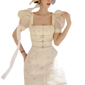 Wholesale 2023 Fashion Summer Elegant Temperament Retro Mesh Sleeve Splice Waist Slim Women's Dress