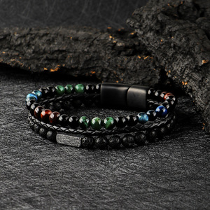 Bracelet en cuir tressé personnalisable pour homme avec <span class=keywords><strong>pierre</strong></span> œil <span class=keywords><strong>de</strong></span> tigre, fermoir magnétique, perles <span class=keywords><strong>de</strong></span> <span class=keywords><strong>lave</strong></span> naturelle, logo personnalisé - Product Image 2