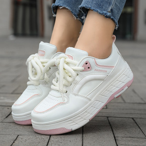 Zapatillas de plataforma blancas para mujer, con cordones, punta redonda, parte superior sintética, suela de goma, que aumentan la altura, para todas las estaciones, estilo chunky. - Product Image 2