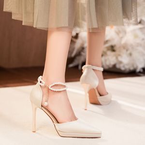 Escarpins à talon aiguille à bout pointu avec bride cheville, décorés de perles, chaussures de mariée, tendance mode, couleur unie, en microfibre - Product Image 2
